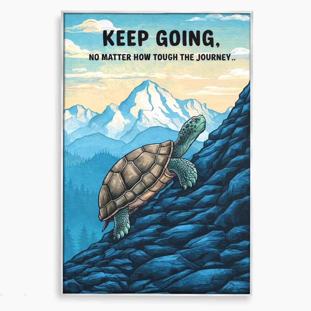 Tablou canvas cu ilustratie motivationala cu testoasa pe munte, in rama de aluminiu argintiu